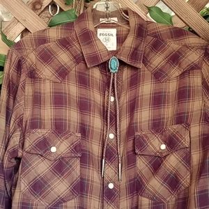 Fossil Western Shirt 100% Cotton Long Sleeve, Size S Plaid, Pearl Snaps Like New